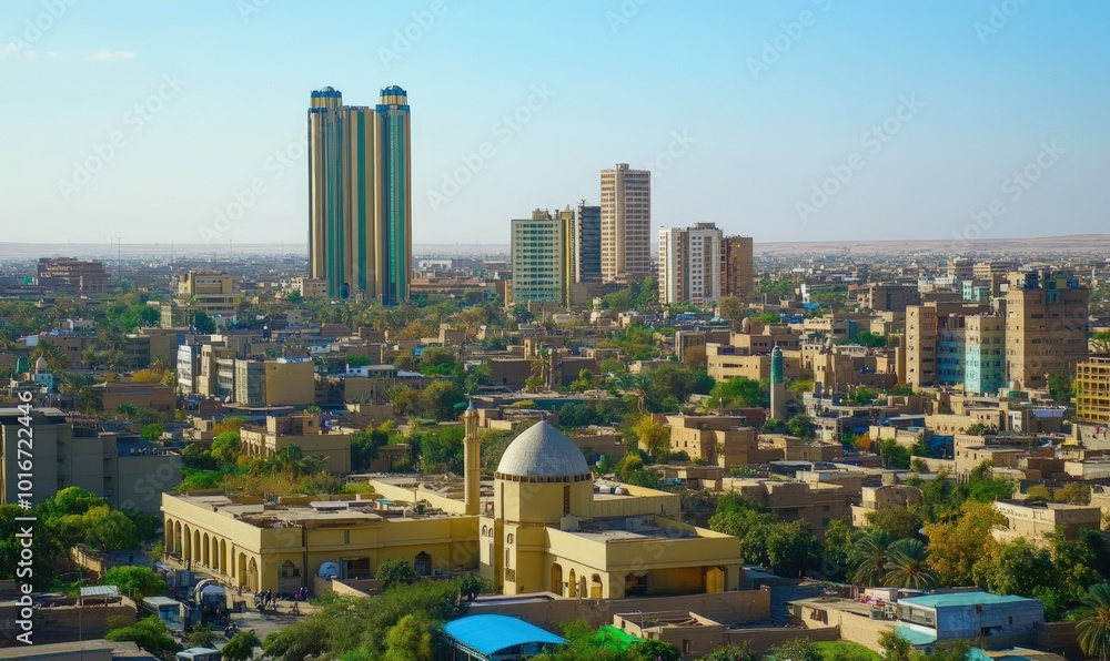 Fototapeta premium An aerial view of a city with a mosque in the foreground, tall buildings in the background, and a desert landscape in the distance.