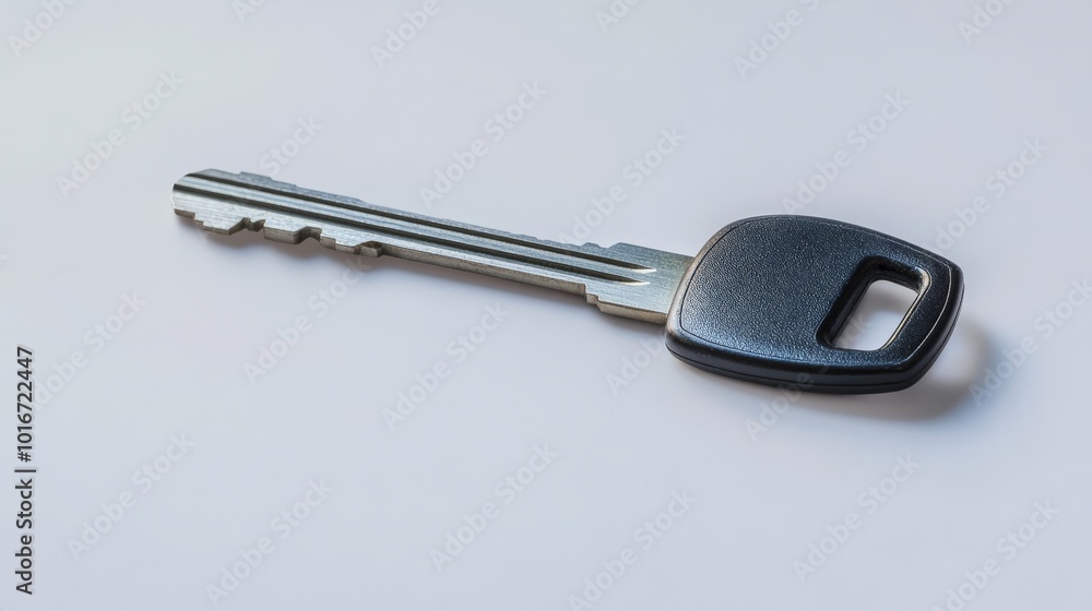 Close-up image of a metal key with a black plastic handle on a plain white background, symbolizing security, access, and control. Close-up image of a metal key with a black plastic handle on a plain white background, symbolizing security, access, and control.