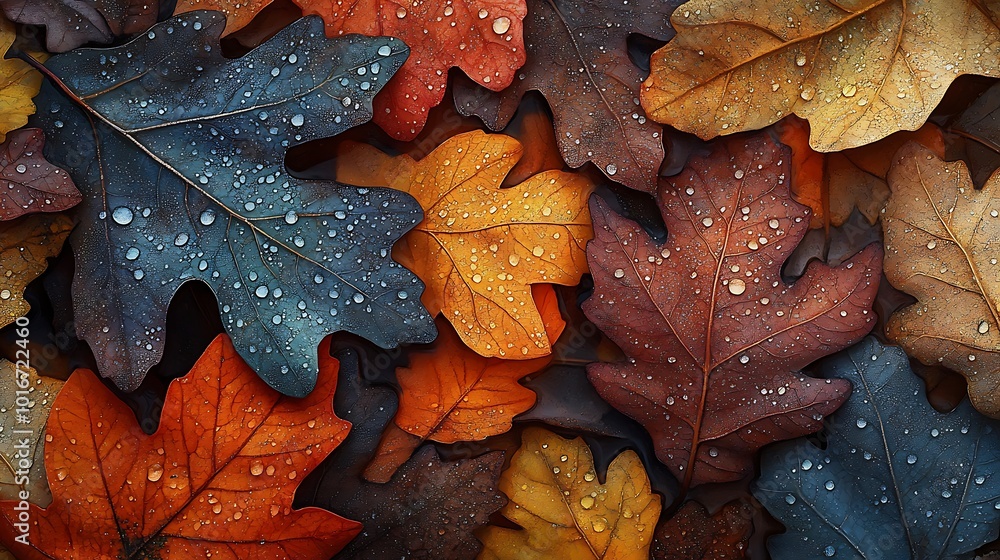 A close-up of colorful autumn leaves, showcasing vibrant hues of orange, red, and blue, adorned with droplets of moisture. A close-up of colorful autumn leaves, showcasing vibrant hues of orange, red, and blue, adorned with droplets of moisture.