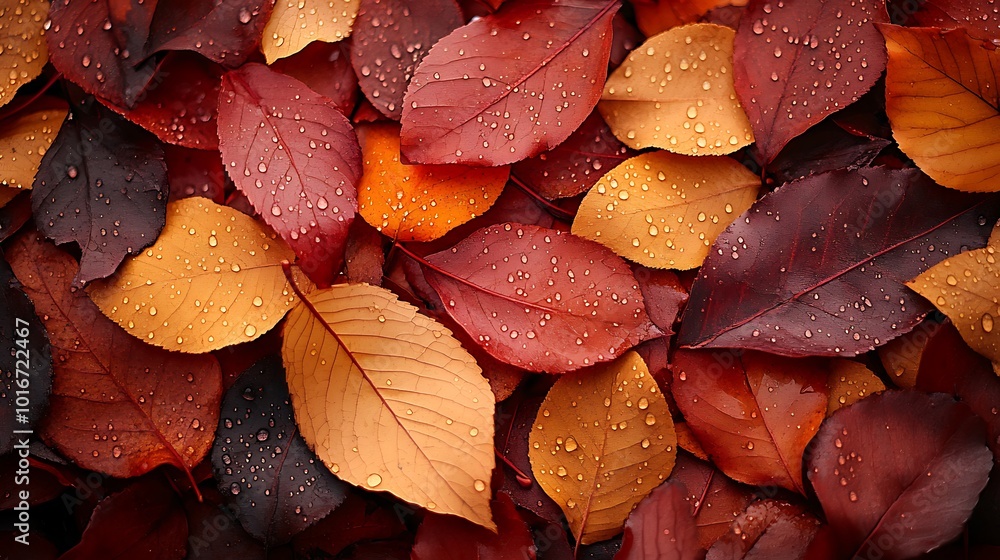 A close-up of vibrant autumn leaves in warm hues, adorned with droplets of water, creating a rich, textured natural pattern. A close-up of vibrant autumn leaves in warm hues, adorned with droplets of water, creating a rich, textured natural pattern.