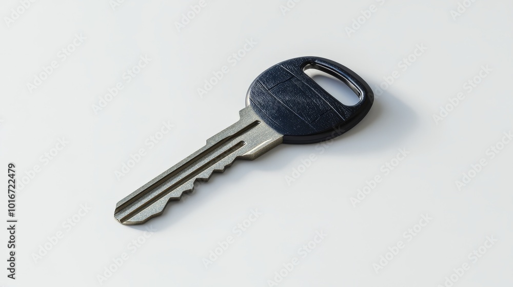 Close-up image of a metallic house key on a plain white background, showcasing its detailed grooves and black head for security concept. Close-up image of a metallic house key on a plain white background, showcasing its detailed grooves and black head for security concept.