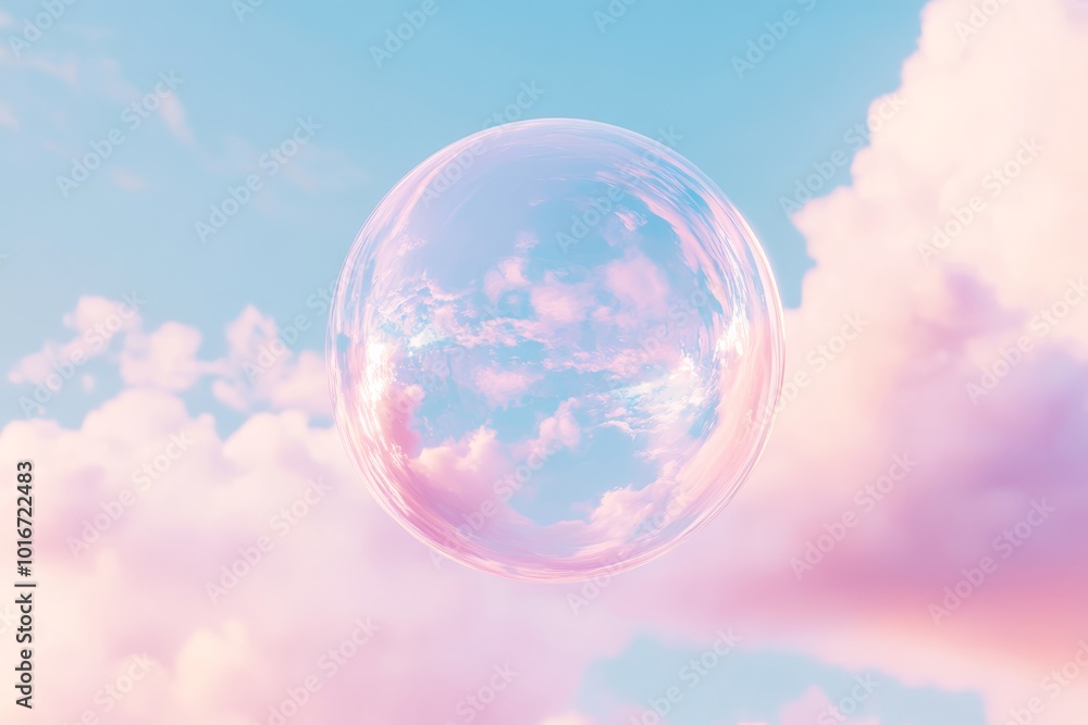 A cute, transparent pink bubble floats against a whimsical sky, surrounded by soft clouds and sunlight, evoking feelings of wonder and lightness A cute, transparent pink bubble floats against a whimsical sky, surrounded by soft clouds and sunlight, evoking feelings of wonder and lightness