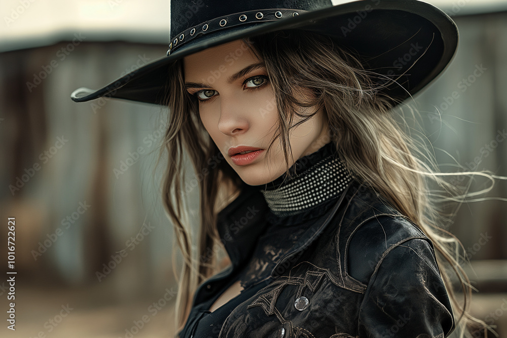 Portrait captures a woman in a Gothic outfit, blending elements of Western and alternative styles. The moody atmosphere is heightened by her black attire and cowboy hat, evoking a mysterious charm Portrait captures a woman in a Gothic outfit, blending elements of Western and alternative styles. The moody atmosphere is heightened by her black attire and cowboy hat, evoking a mysterious charm