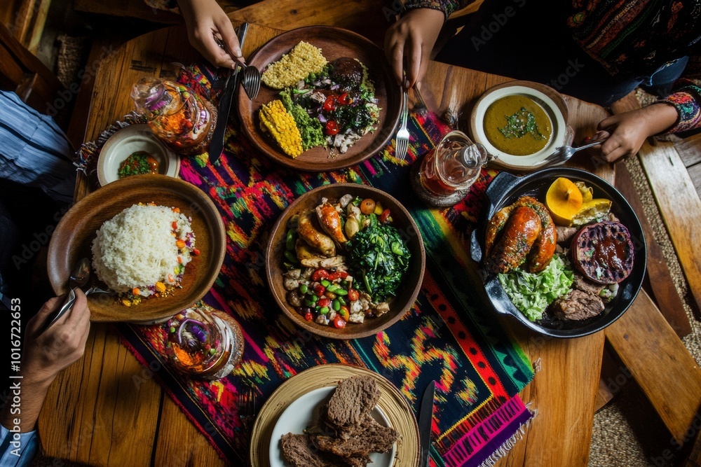 Fototapeta premium Black hands eat Thanksgiving holiday meal from above