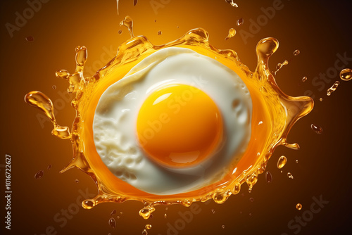 Fried egg in water splash floating in air. Minimal creative concept of nutrition, food and cooking. AI generated illustration