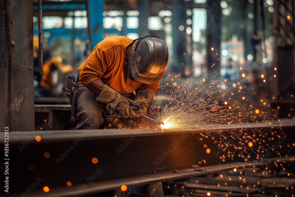 A worker welding steel beams together at a construction site, sparks flying in the air. A worker welding steel beams together at a construction site, sparks flying in the air.