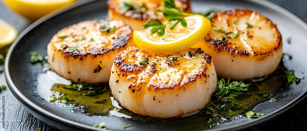 Grilled Scallops Served with a Vibrant Lemon Butter Sauce and Aromatic Fresh Herbs a Delectable Gourmet Appetizer Dish for Fine Dining Grilled Scallops Served with a Vibrant Lemon Butter Sauce and Aromatic Fresh Herbs a Delectable Gourmet Appetizer Dish for Fine Dining