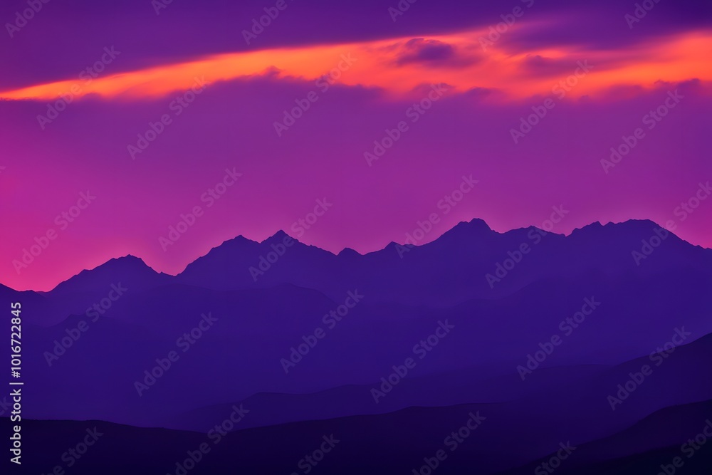 Obraz premium Silhouetted mountains against a neon orange and violet glowing twilight, AI Generated