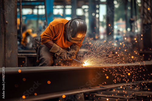 A worker welding steel beams together at a construction site, sparks flying in the air.