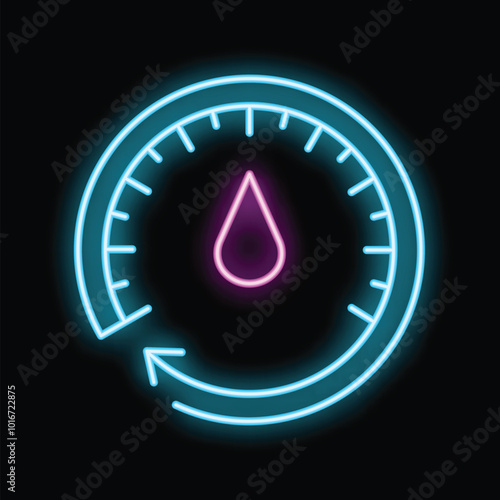 Neon sign of a humidity sensor showing low level of water with blue and pink colors on black background