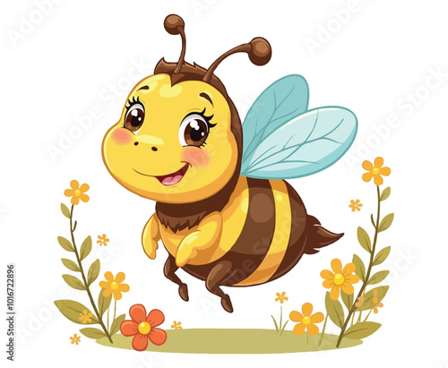 Cute Bee flowers Cartoon Coloring Page For Kids