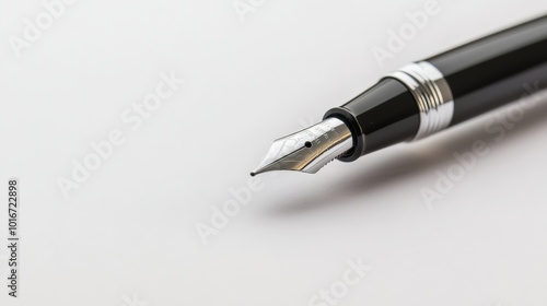 Close-up of a black fountain pen on a white background, highlighting the smooth silver nib and elegant design, ideal for stationery themes.