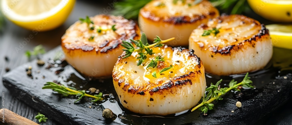 Seared Scallops with Lemon Herb Butter Sauce a Delectable Gourmet Appetizer Served on a Plate with Fresh Herbs a Sophisticated and Flavorful Seafood Dish Seared Scallops with Lemon Herb Butter Sauce a Delectable Gourmet Appetizer Served on a Plate with Fresh Herbs a Sophisticated and Flavorful Seafood Dish