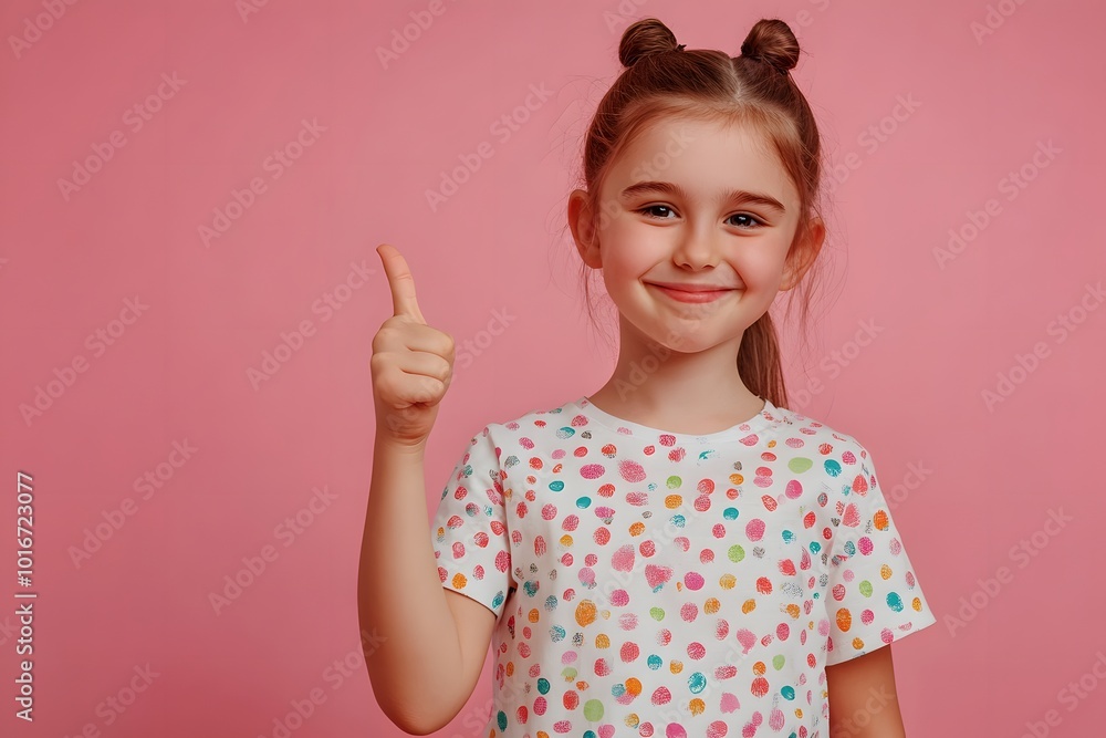 A cheerful girl with a thumbs-up gesture, wearing a colorful patterned shirt against a pink background. A cheerful girl with a thumbs-up gesture, wearing a colorful patterned shirt against a pink background.