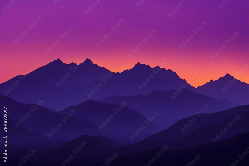 Obraz premium Silhouetted mountains against a neon orange and violet glowing twilight, AI Generated