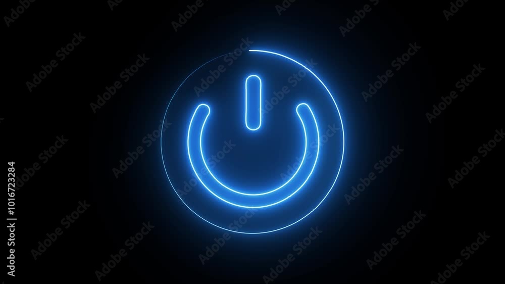 Glowing neon line power button turning on and off animation on the black screen . Glowing neon line power button turning on and off animation on the black screen .