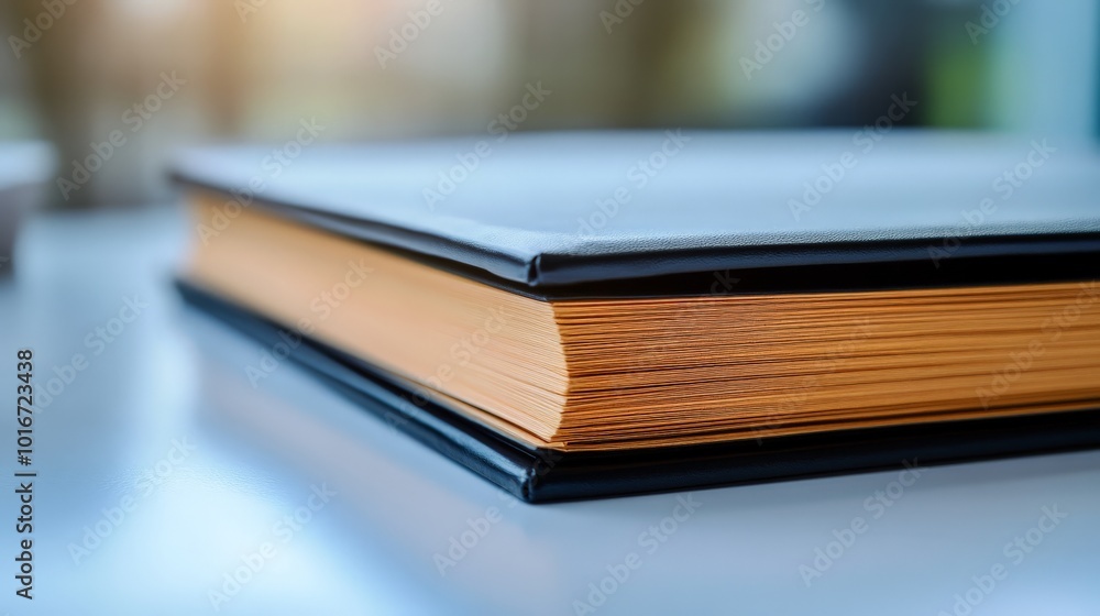 Close-up of a book with a thick spine and gold-edged pages, resting on a bright white surface, symbolizing knowledge and learning. Close-up of a book with a thick spine and gold-edged pages, resting on a bright white surface, symbolizing knowledge and learning.