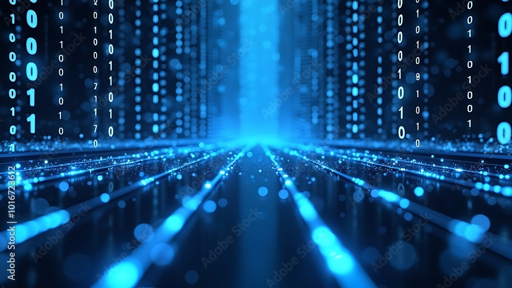 Binary code matrix background, perspective view with depth of field, tech style green illuminated numbers, technology futuristic blue backgrounds Binary code matrix background, perspective view with depth of field, tech style green illuminated numbers, technology futuristic blue backgrounds