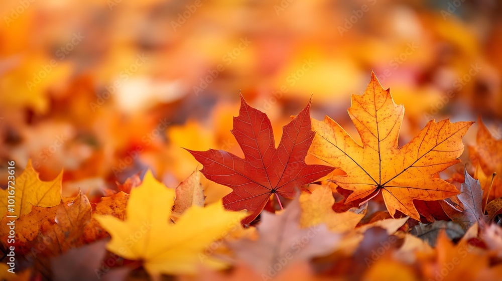 A serene scene of vibrant autumn leaves in shades of yellow, orange, and red scattered across the ground. A serene scene of vibrant autumn leaves in shades of yellow, orange, and red scattered across the ground.