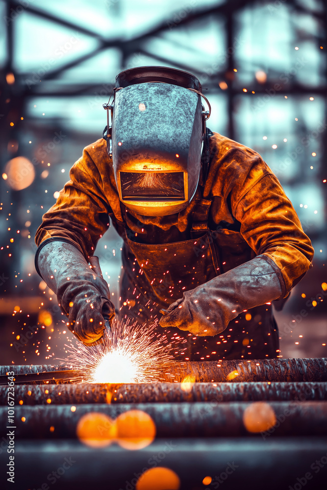 Welder in a protective mask working with sparks flying in front of industrial pipes. Welder in a protective mask working with sparks flying in front of industrial pipes.