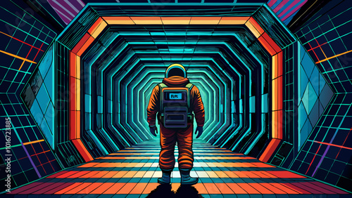 Astronaut staring into rectangular portal concentric frames liminal void tunnel abstract glitch art black background, high detail, centered composition