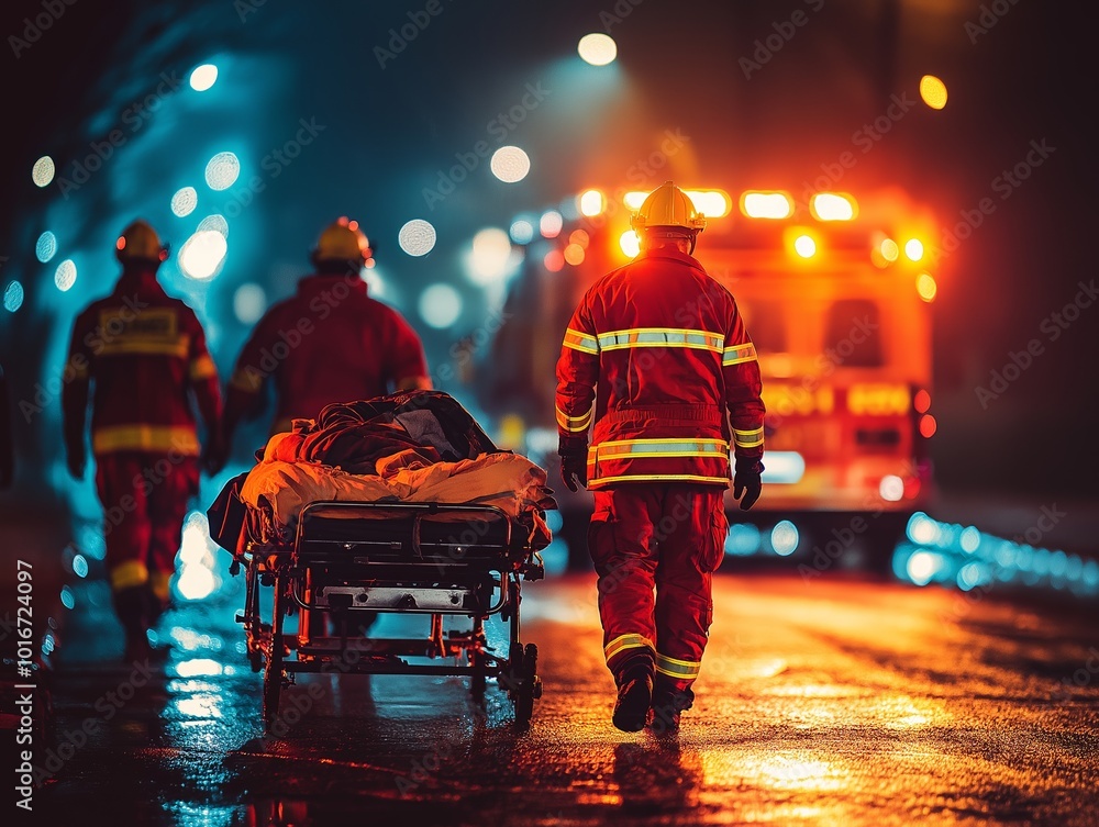 Emergency Responders at Night with Stretcher and Ambulance Lights Emergency Responders at Night with Stretcher and Ambulance Lights