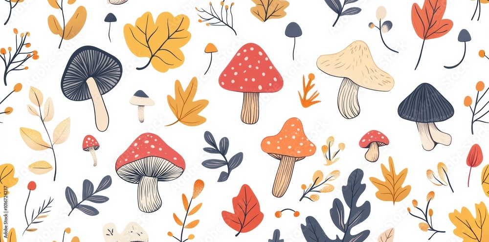Seamless pattern with seasonal elements, such as acorns, trees, leaves, mushrooms, and plants Seamless pattern with seasonal elements, such as acorns, trees, leaves, mushrooms, and plants