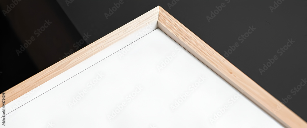 Fototapeta premium Close-up angle of a wooden picture frame, highlighting craftsmanship and minimalist design, perfect for mockup use. Black background.