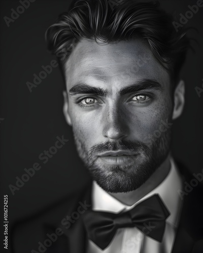 Striking Tuxedo Clad Man with Piercing Blue Eyes in Timeless Black and White Portrait photo