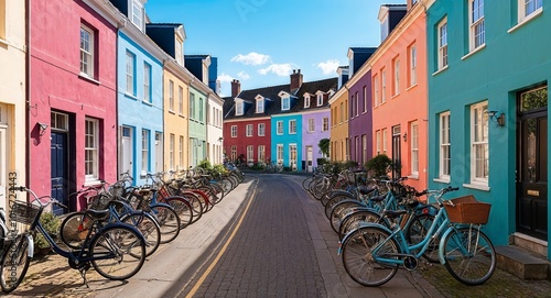 Street with colorful townhouses and parked bicycles background