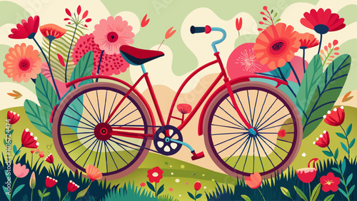Bicycle flora style, meadow with red and pink flowers background