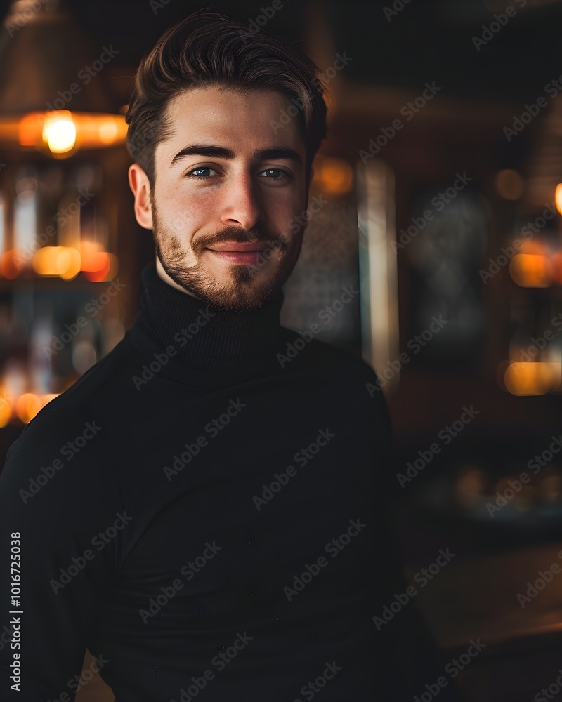 Mysterious Smile of a Handsome Man in a Dimly Lit Jazz Club Mysterious Smile of a Handsome Man in a Dimly Lit Jazz Club