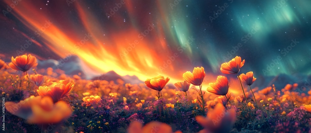 Ethereal field of glowing colorful flowers under a surreal aurora filled night sky symbolizing the beauty of creative imagination and the wonders of the natural world Ethereal field of glowing colorful flowers under a surreal aurora filled night sky symbolizing the beauty of creative imagination and the wonders of the natural world
