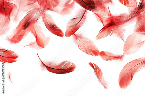 Red Feathers Floating in The Air. Abstract Feathers on White Background. Soft Red Feathers