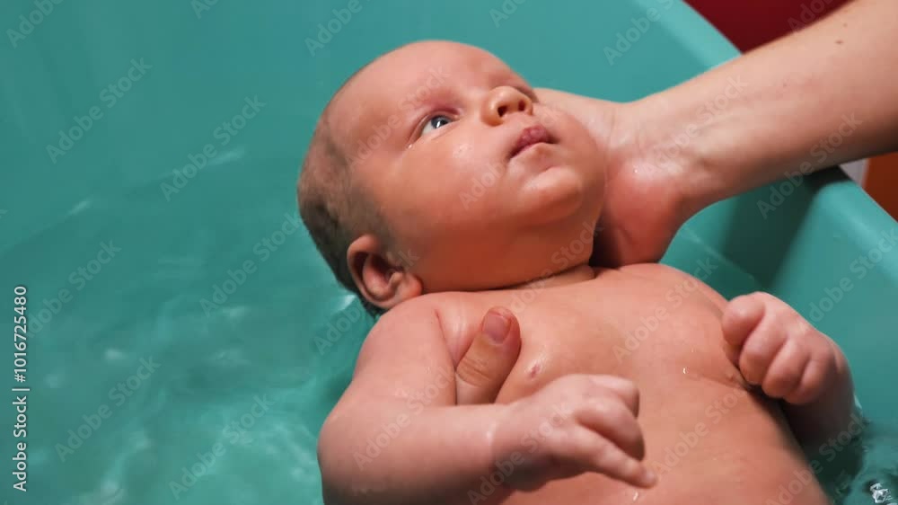 Close-up of a woman's hands holding a newborn baby over water in a tub. The baby is looking at his mother and waving his hands. Early development of infant motor skills during bathing Close-up of a woman's hands holding a newborn baby over water in a tub. The baby is looking at his mother and waving his hands. Early development of infant motor skills during bathing