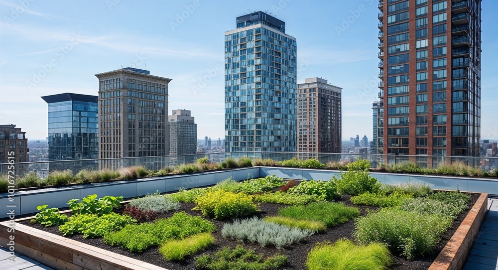 Fototapeta premium Urban garden on rooftop with high rise buildings in the background