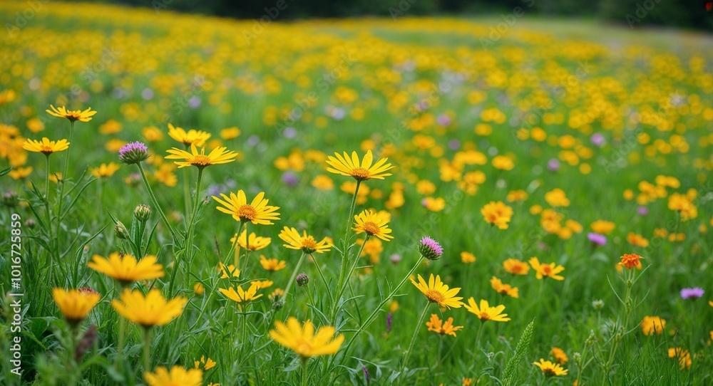 Obraz premium Vibrant green meadow with wildflowers background