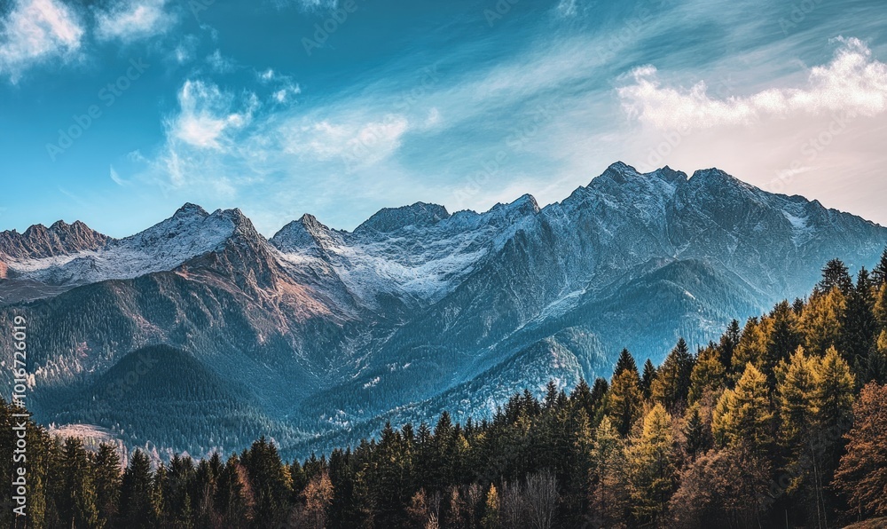 Obraz premium A panoramic view of snow-capped mountains with a forested valley in the foreground under a blue sky with white clouds.