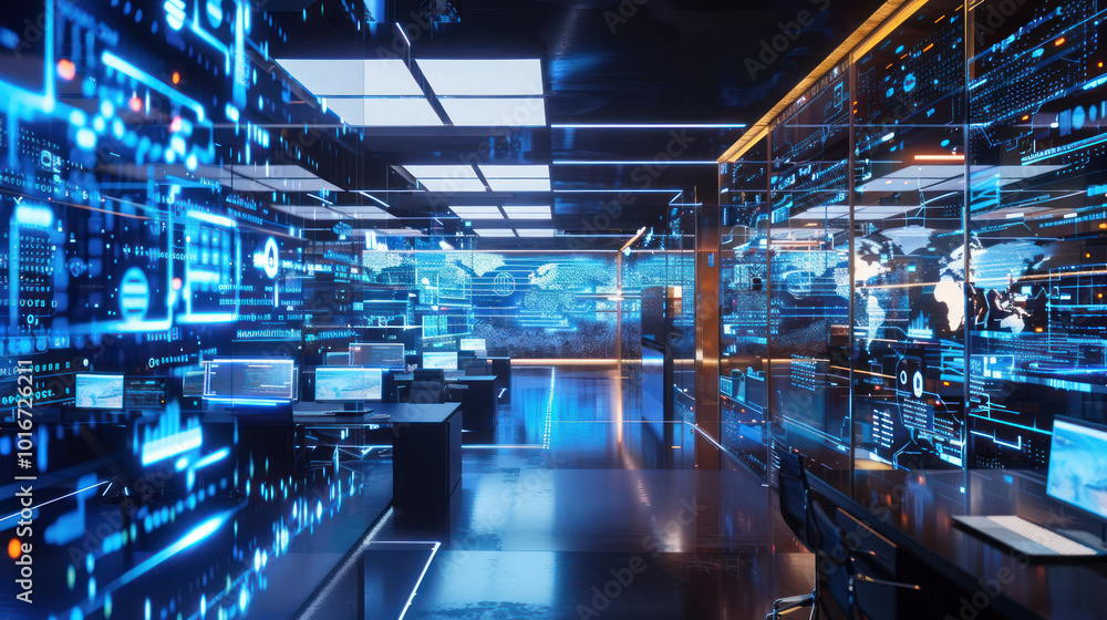 A tech-savvy workplace with AI systems managing workflows, cloud storage solutions, and real-time virtual collaboration spaces. A tech-savvy workplace with AI systems managing workflows, cloud storage solutions, and real-time virtual collaboration spaces.