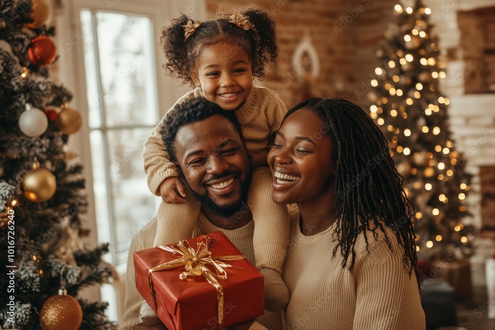 A small family enjoys Christmas together.