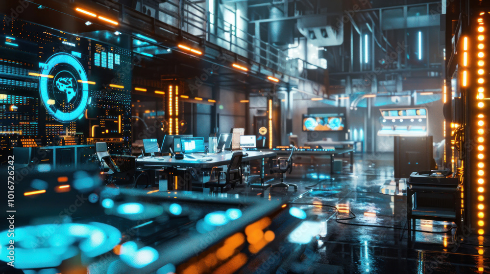 Fototapeta premium A tech-savvy workplace with AI systems managing workflows, cloud storage solutions, and real-time virtual collaboration spaces.