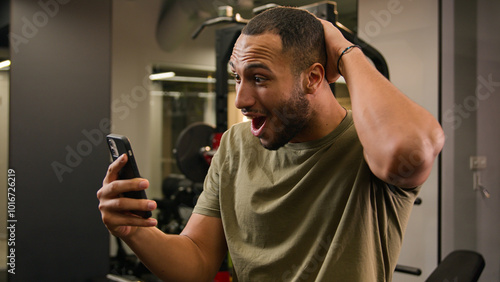 Vászonkép Shocked wonder surprised excited African American man trainer guy sportsman male