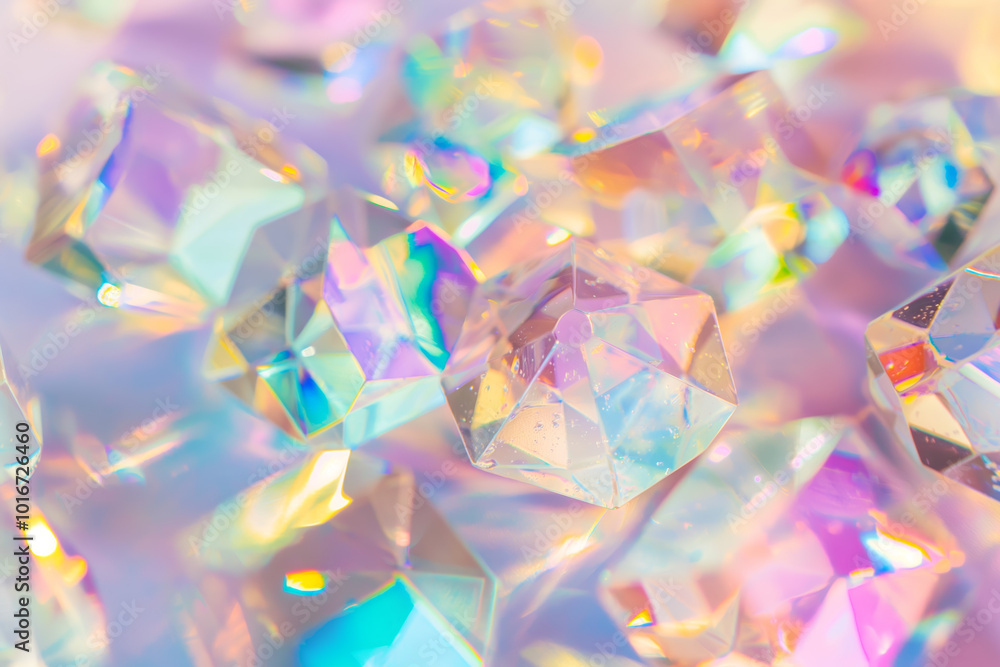 Iridescent Geometric Crystal Shapes with Rainbow Reflections in Soft Focus Iridescent Geometric Crystal Shapes with Rainbow Reflections in Soft Focus