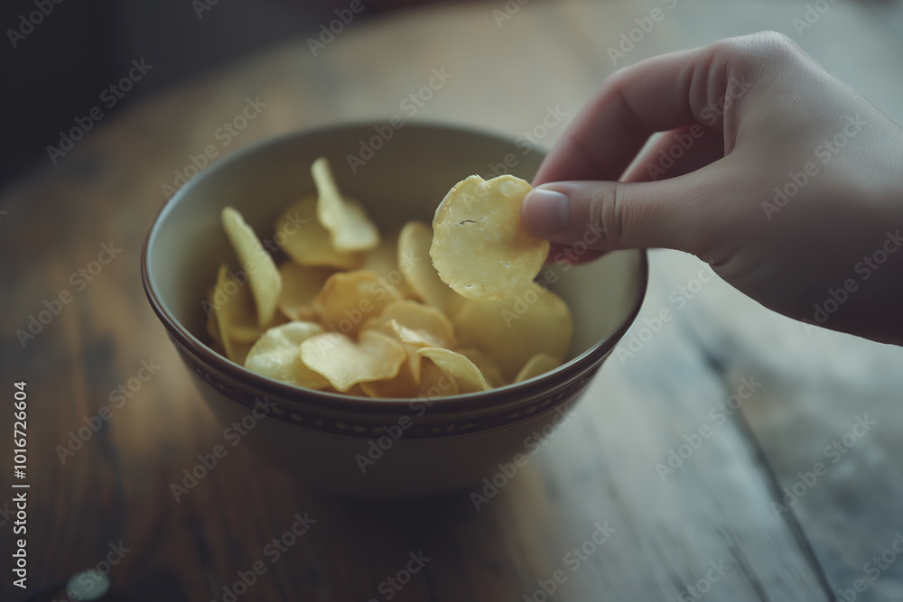 Hand Reaching for Potato Chips in Bowl on Wooden Table Hand Reaching for Potato Chips in Bowl on Wooden Table