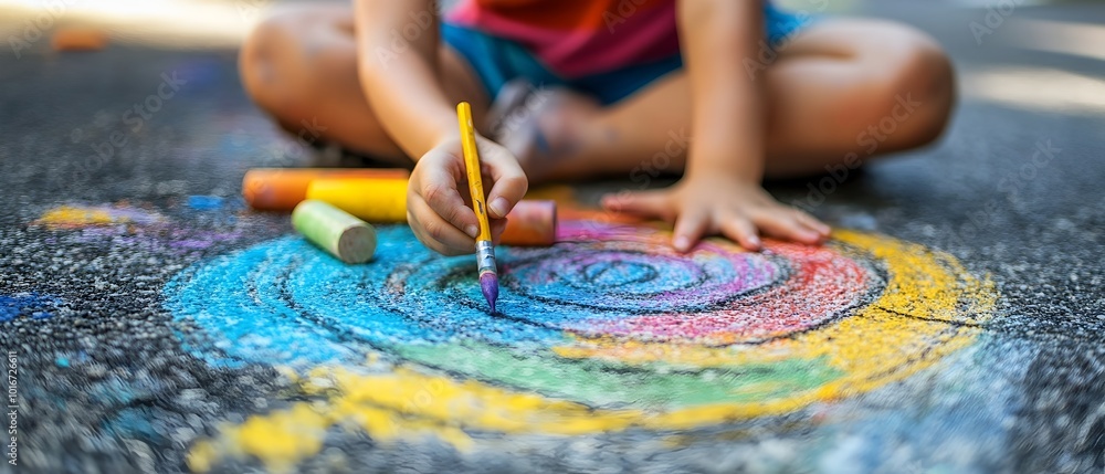 Obraz premium A young child engrossed in the creative process drawing with vibrant sidewalk chalk on a sunny Sunday expressing their carefree joy and imagination through colorful playful artwork on the pavement
