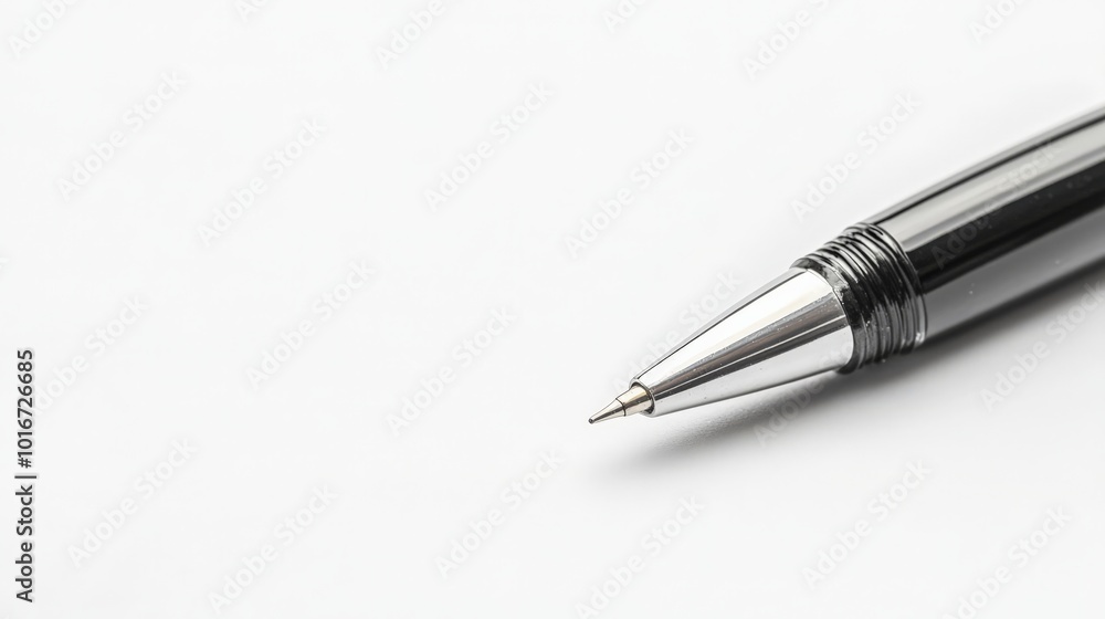 Close-up of a shiny, silver ballpoint pen on a plain white background, emphasizing design, detail, and professionalism. Close-up of a shiny, silver ballpoint pen on a plain white background, emphasizing design, detail, and professionalism.