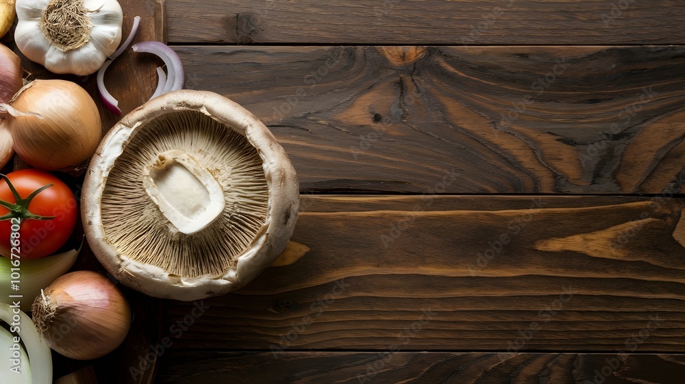 Portobello mushroom on wooden table with cooking ingredients Portobello mushroom on wooden table with cooking ingredients