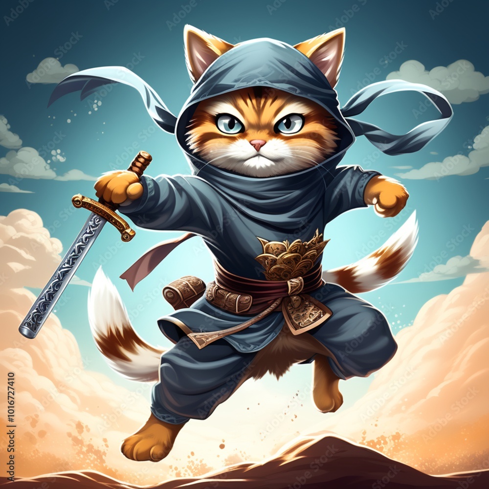 illustration of a ninja cat holding a sword with a headband illustration of a ninja cat holding a sword with a headband