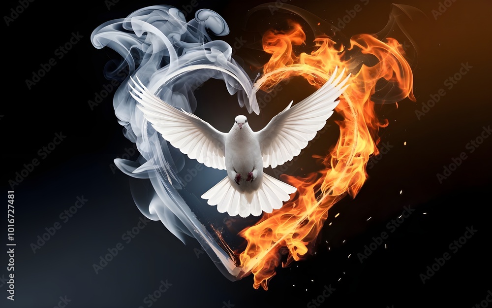 Obraz premium White Dove and Flaming Heart – Artistic Symbol of Passion and Serenity