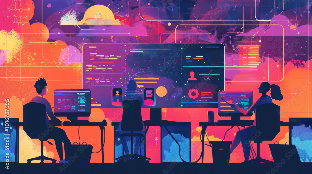 A tech startup team working remotely, developing a new app and collaborating on code through cloud-based platforms and virtual meetings. A tech startup team working remotely, developing a new app and collaborating on code through cloud-based platforms and virtual meetings.